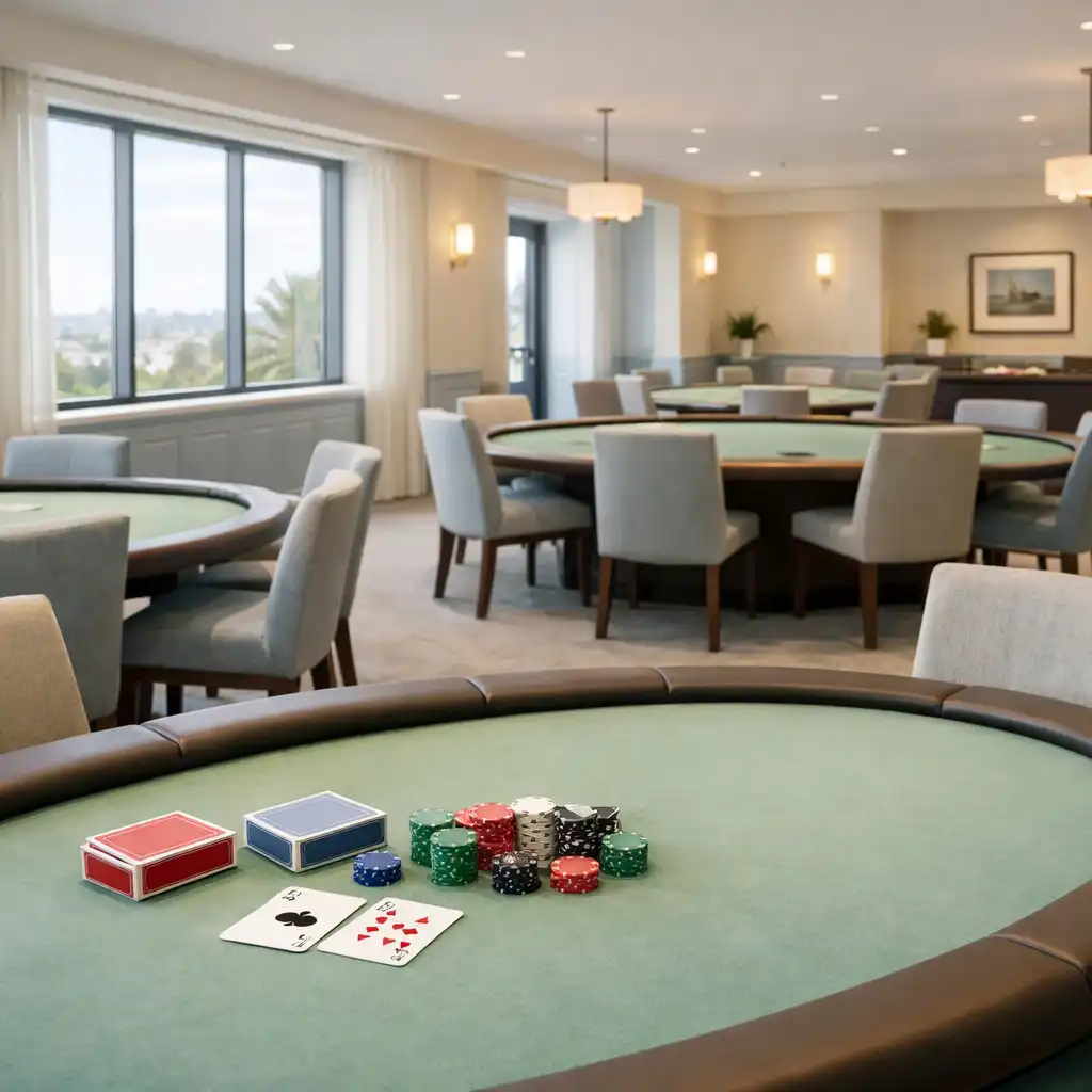 Bright card lounge interior with real poker tables, soft green felt, and natural daylight in a premium Sydney venue