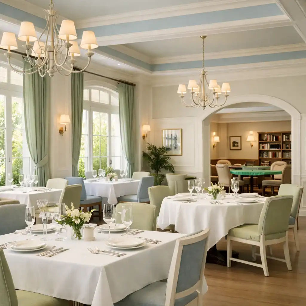 Airy restaurant dining room with high ceilings, large windows, and a palette of ivory, pale blue, and soft green