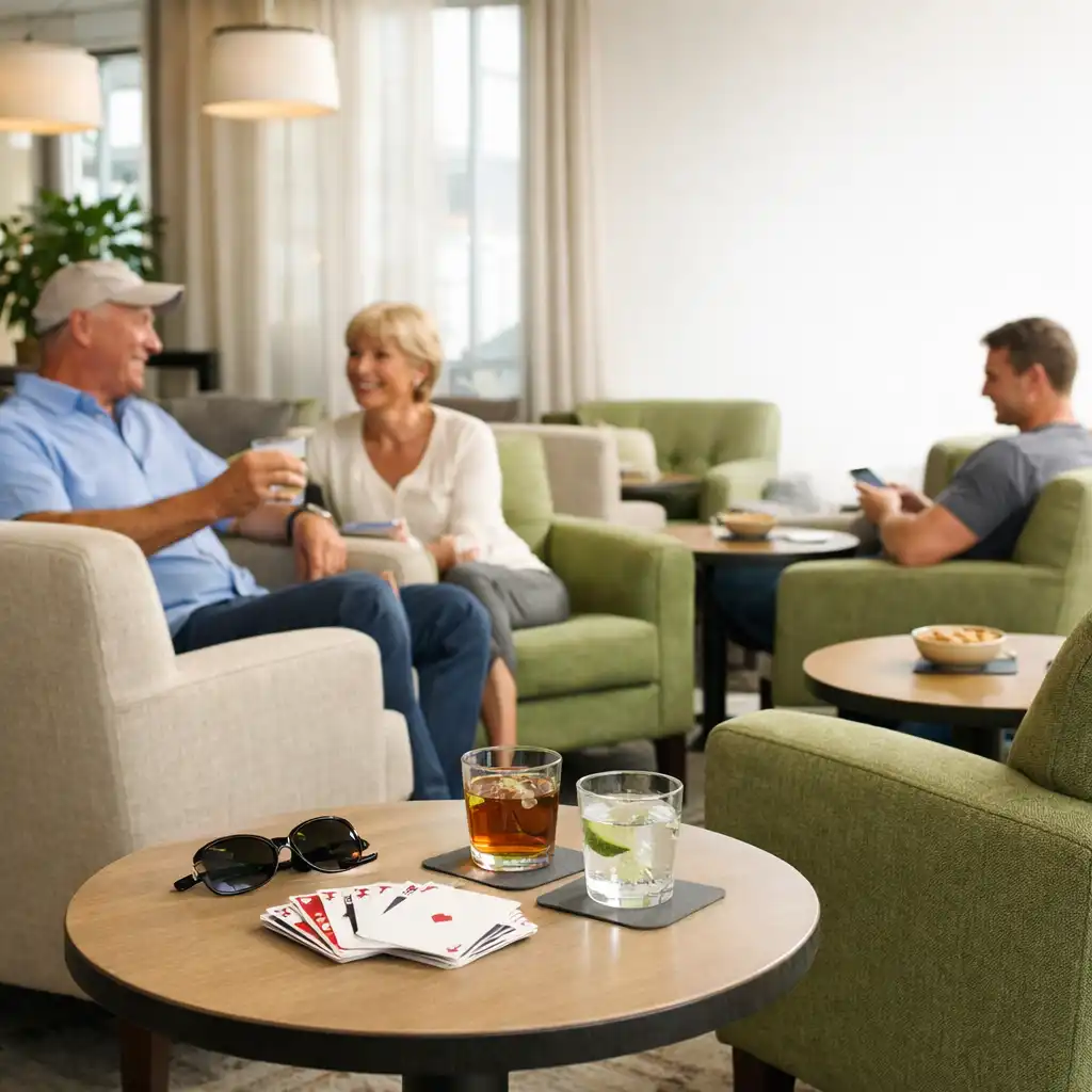 Card lounge seating area with comfortable chairs and small tables