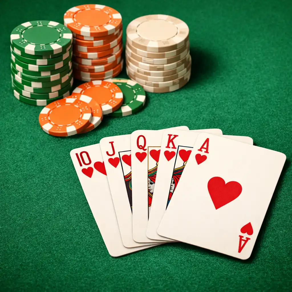 Close-up of a poker table with green felt, neatly stacked chips, and playing cards