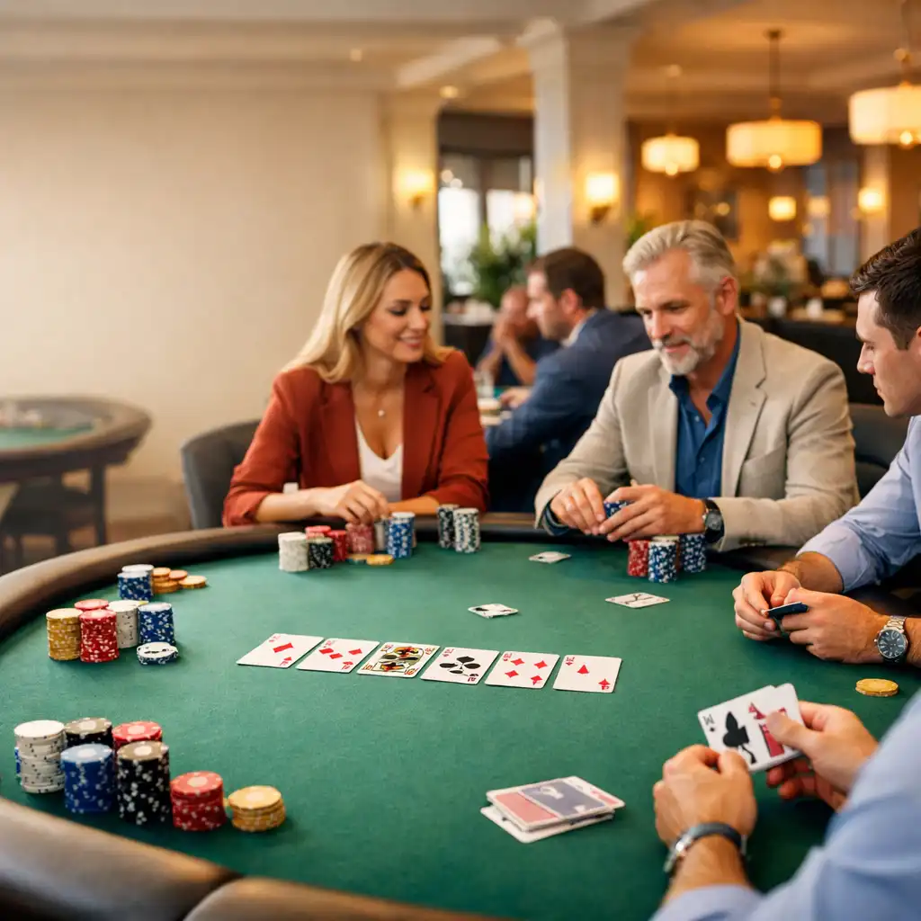 Bright premium poker room with real poker tables, cards, and chips