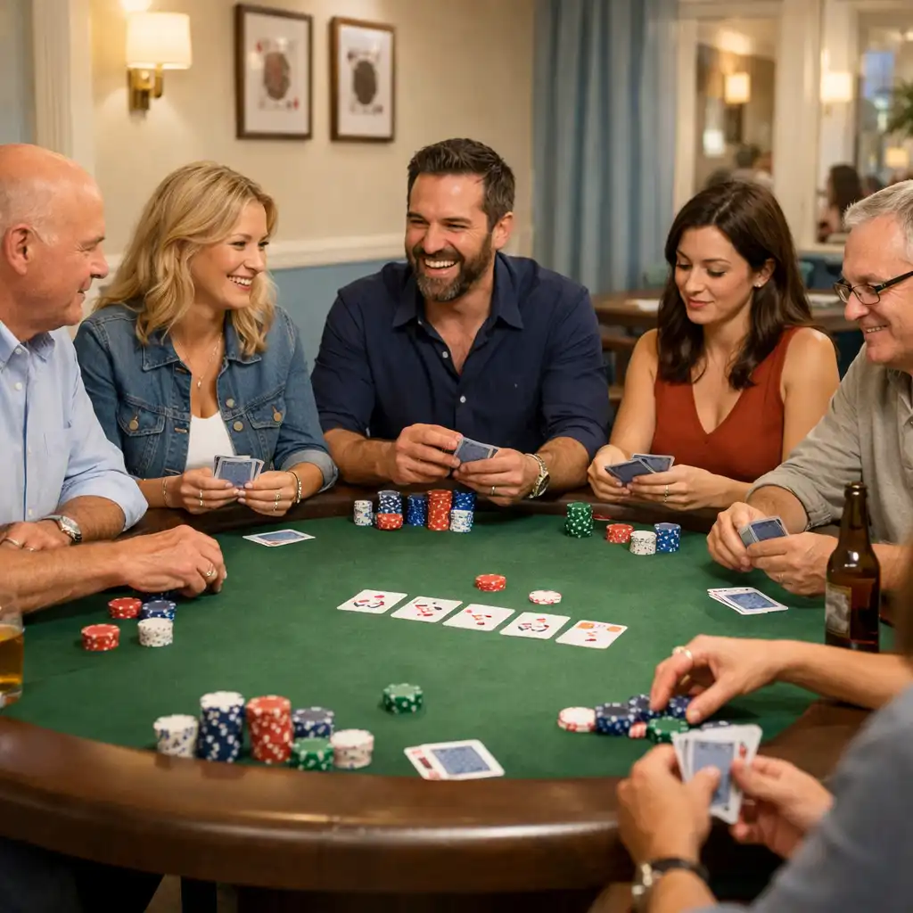 Group of adults seated around a poker table in a bright card lounge
