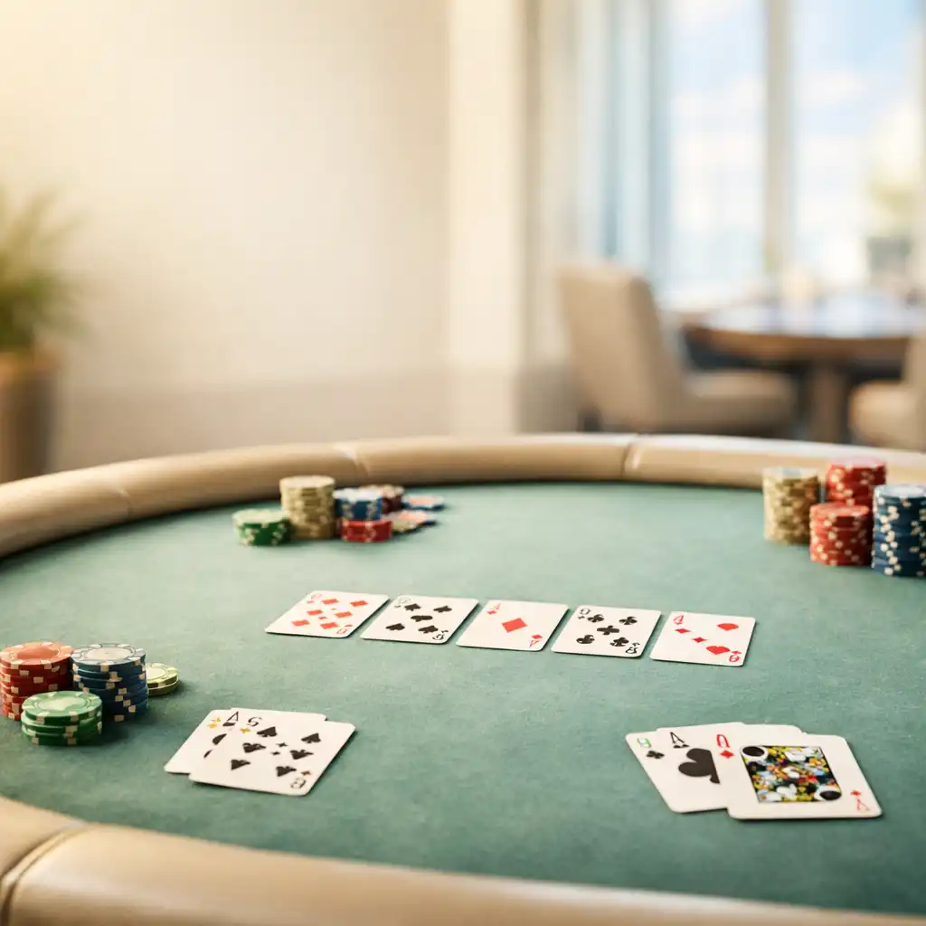 Bright poker table with cards and chips in a sunlit card lounge