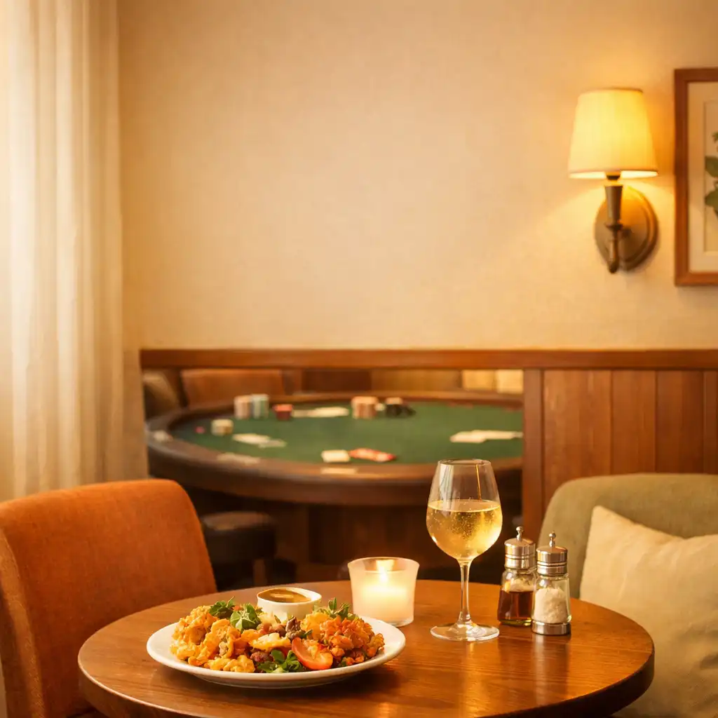 Cozy restaurant corner with shareable food and a drink, adjacent to the card lounge
