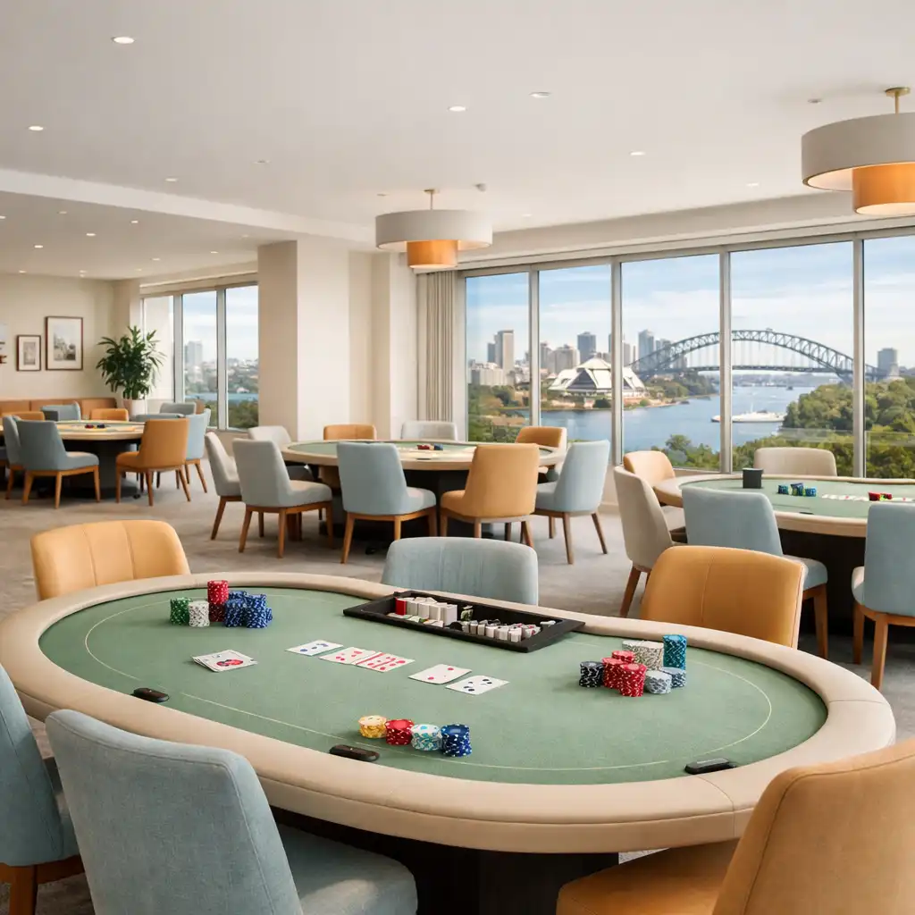 Bright poker room with several real poker tables and comfortable chairs, bathed in natural daylight