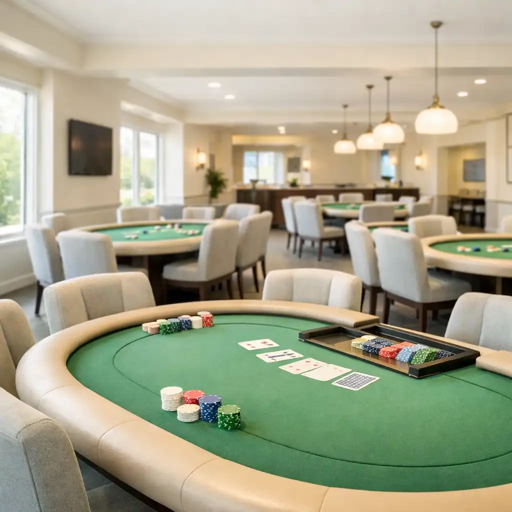 Bright poker room at Cardhousesout Herncross with real poker tables and natural light