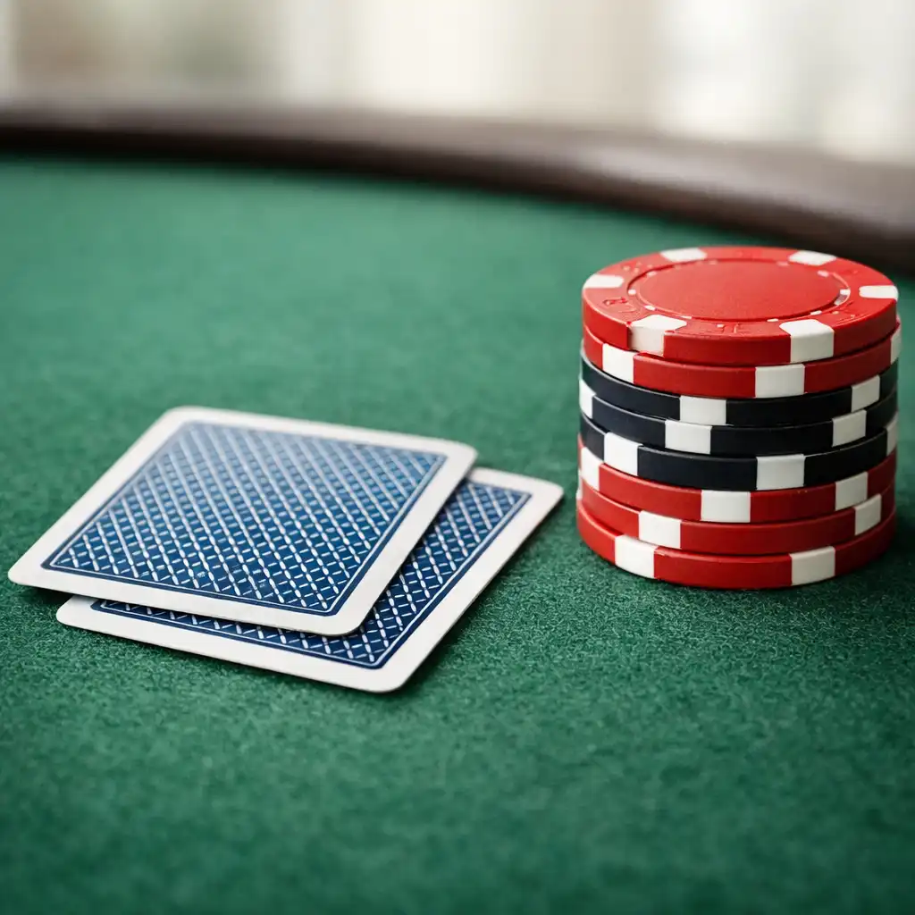 Close-up of a poker table felt with playing cards and chips