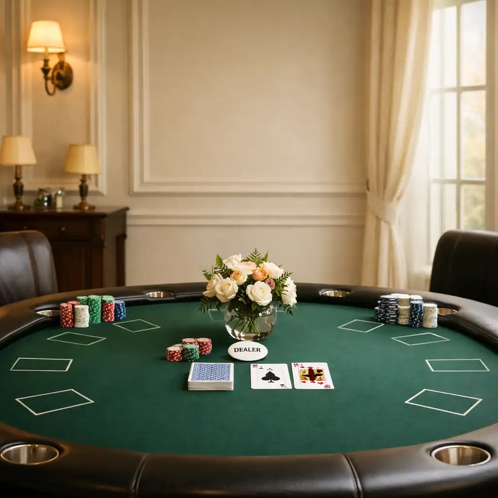 Private poker table set with fresh cards, chips, and a floral centerpiece