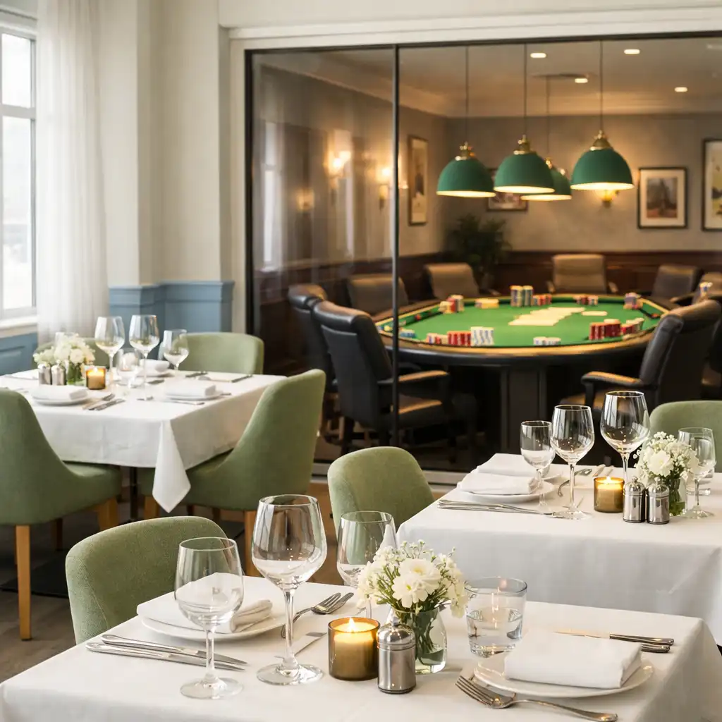 Bright restaurant interior with ivory walls, pale blue accents, and a poker table visible through a glass partition