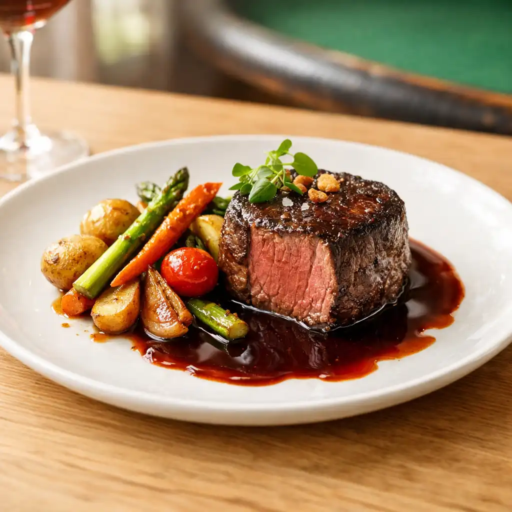 Plated steak dish with roasted vegetables and red wine jus on a light wooden table