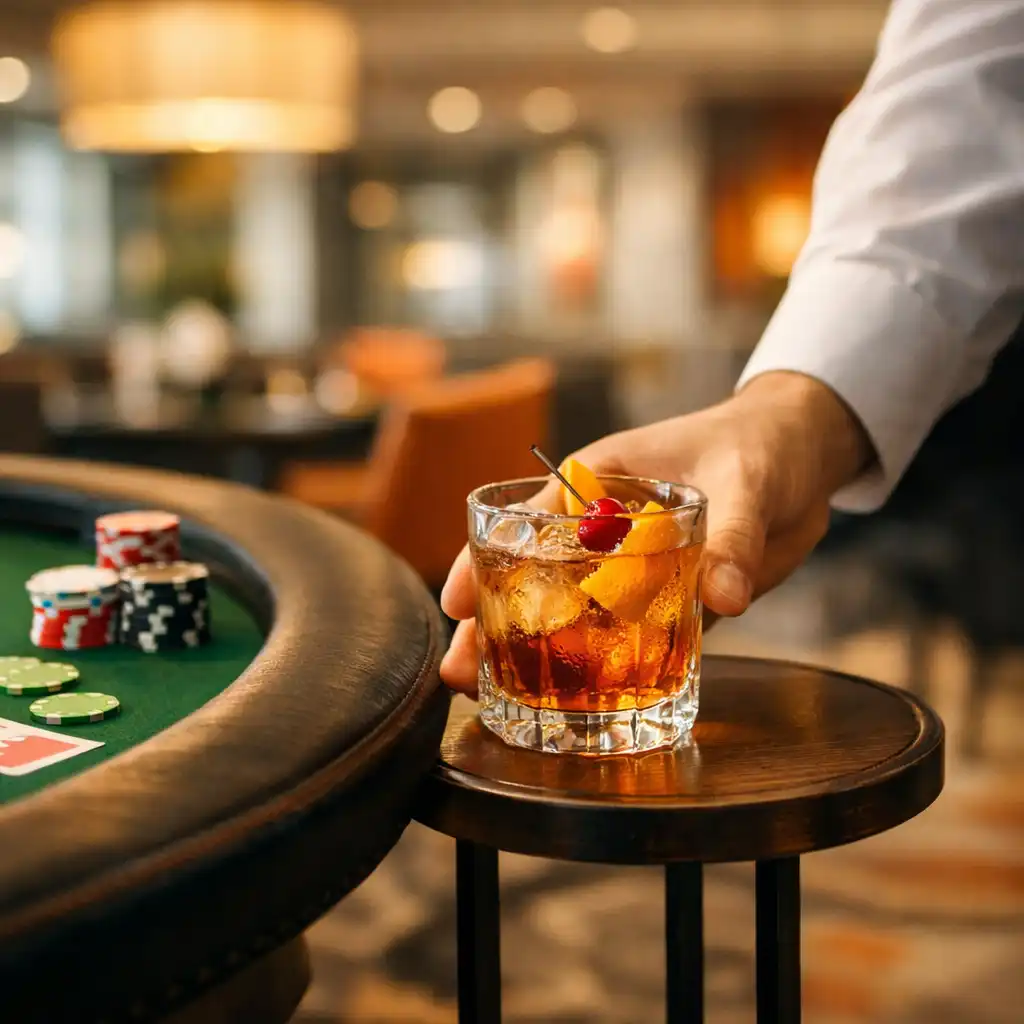 Server placing a drink on a side table next to a poker table